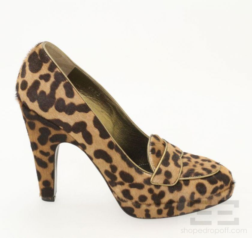 Prada Tan & Brown Leopard Print Ponyhair Platform Loafer Heels, Size 