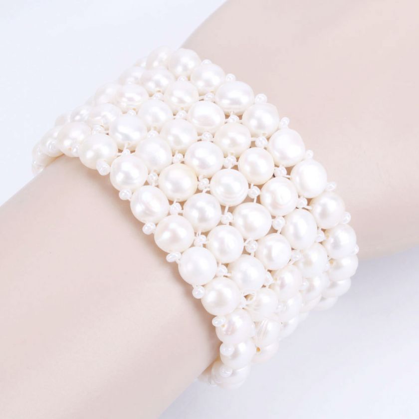 Lovely 5 Row White Freshwater Pearl Bracelet bangle  