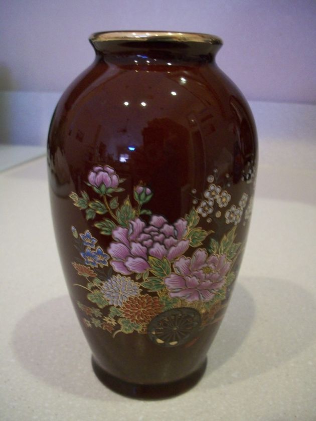 VINTAGE KUTANI JAPANESE VASE~BROWN W/ GOLD RIM~PRETTY  