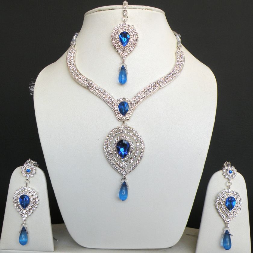   SILVER FINISH WEDDING SARI KUNDAN CZ LONG NECKLACE SET Kj3  