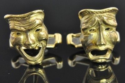   Vintage 18K Yellow Gold Comedy & Drama Mask Cufflinks Heavy  