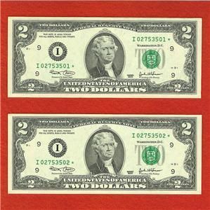US CURRENCY (2) 2003★ $2 STAR★ NOTES Old Paper Money CU  