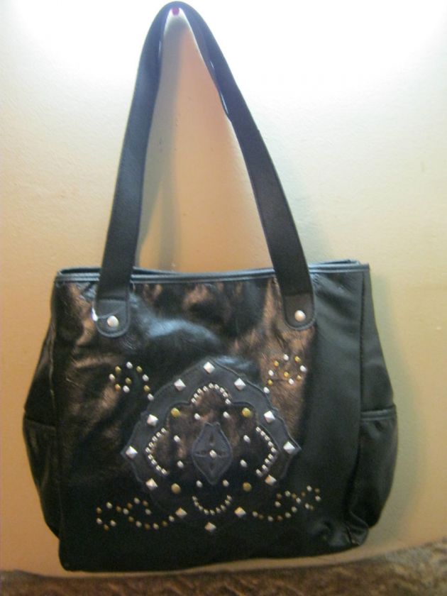   big black studded purse handbag leather like trendy Claires  