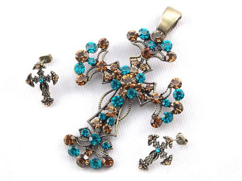   Topaz Crystal Rhinestone Cross Holy Ritual Pendant Earring Set  