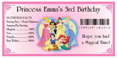 20 DISNEY PRINCESS BIRTHDAY PARTY FAVORS ~ WATER BOTTLE LABELS  