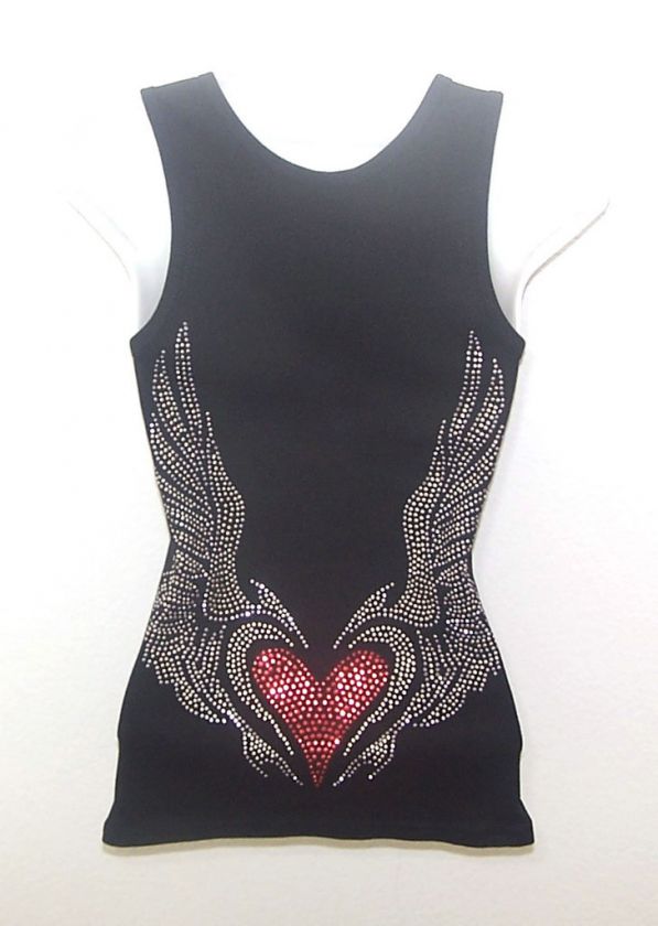 BLING HUGE BIRD ANGEL RED HEART WINGS BLACK TANK TOP  