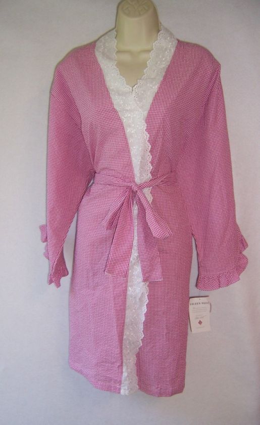 EILEEN WEST Pink/White Check Seersucker Short Wrap Robe LARGE NWT 