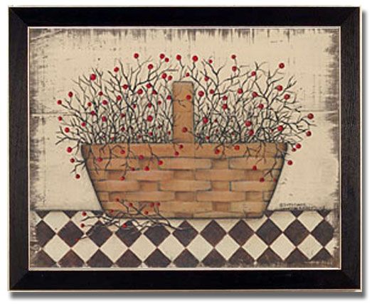 Country Basket Decor Kitchen Rose Berries Print Framed  