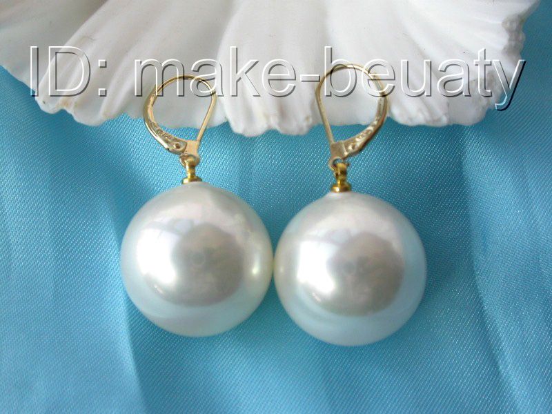 stunning big 20mm round white south sea shell pearl dangle earrings 