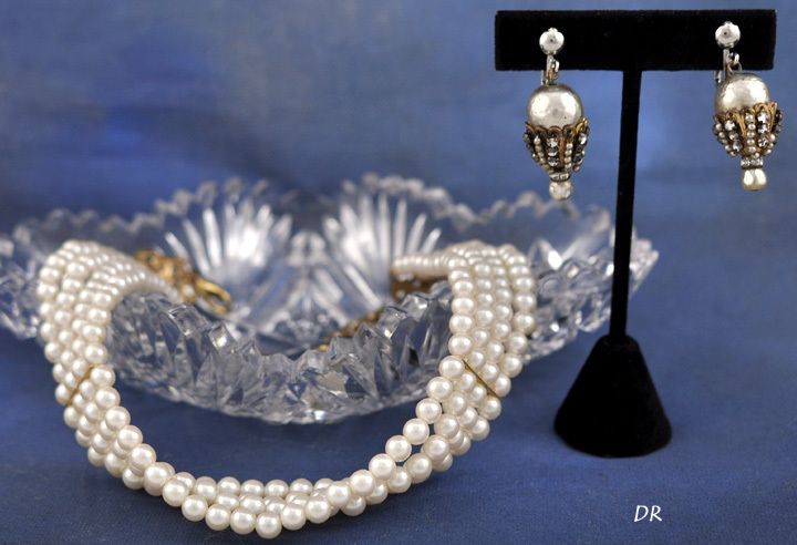 Faux Pearl Multiple Strand Choker Necklace & Earrings  