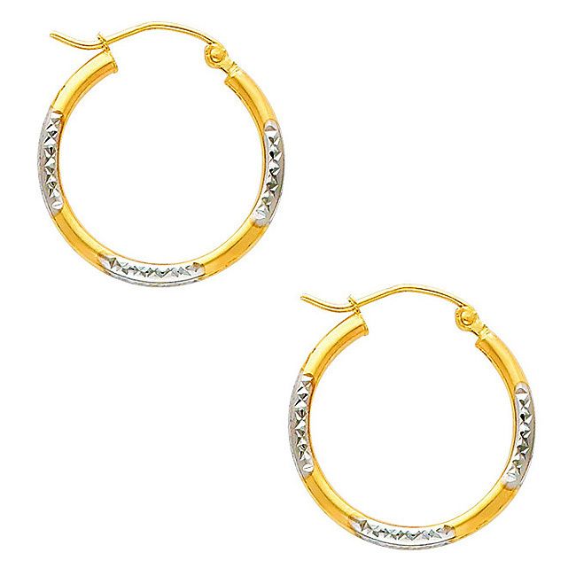 14K Yellow and White 2 Two Tone Gold 1.5mm Thick Diamond Cut Tube Hoop 