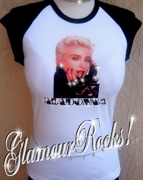 MADONNA BIKER CRYSTAL RHINESTONE RAGLAN TEE T SHIRT TOP S/M L XL 2XL 