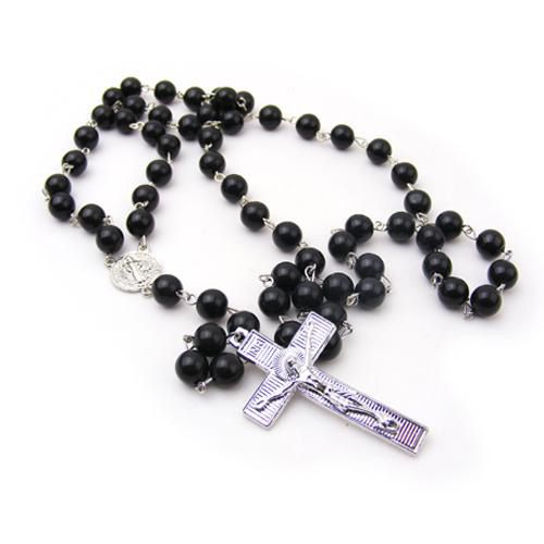 Fashion Mens Beckham Cross Pendant Black Rosary Beads Necklace Easter 