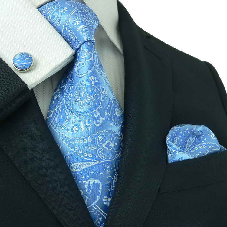 LANDISUN 56E BLUE PAISLEY TIE SETTIE+HANKY+CUFFLINKS  