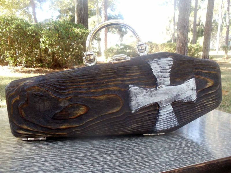 HandCarved WOOD COFFIN PURSE Iron Cross Rockabilly Goth  