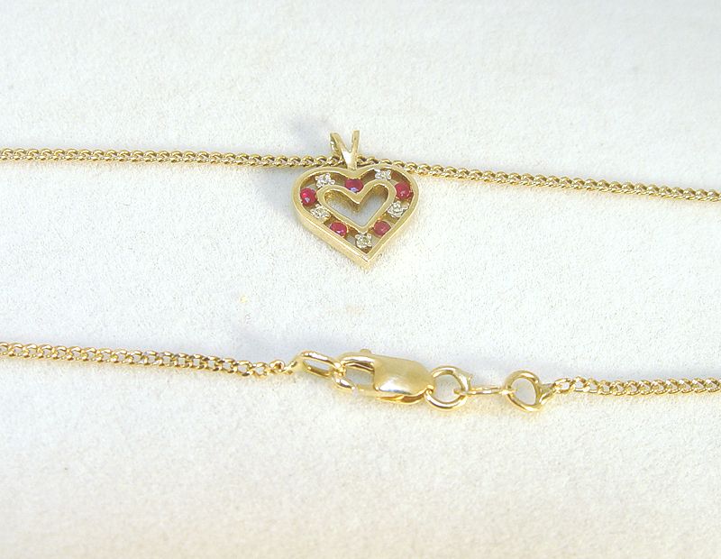 10K Yellow Gold Ruby & Diamond Heart Pendant w/Chain  