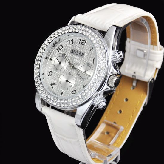   Chrono Crystal Diamond Quartz Wristwatch Leather Luxury UK  