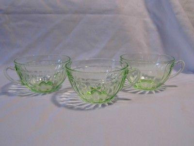   GREEN depression Glass 3 TEA CUPS mugs & 4 SAUCERS plates  