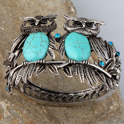 Tibet silver blue howlite turquoise vintage double owl love cuff 