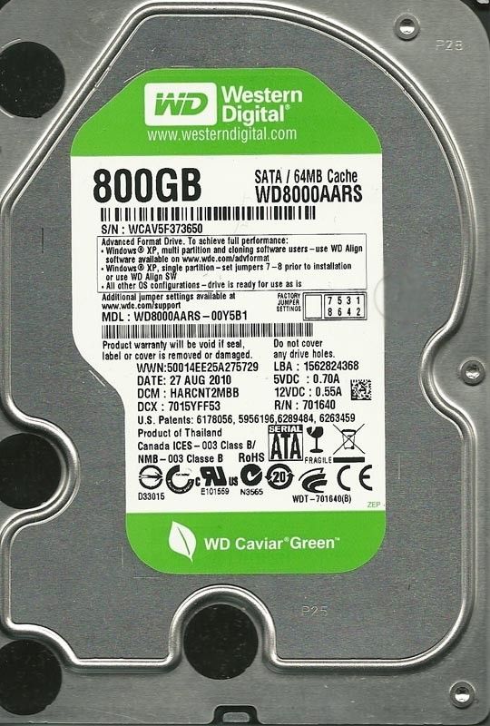 WESTERN DIGITAL 800GB WD8000AARS 00Y5B1 DCM HARCNT2MBB  