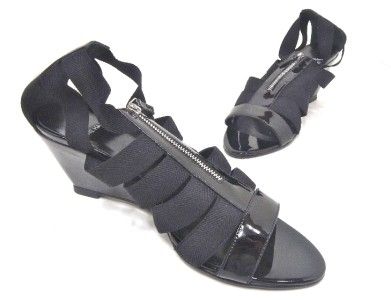 NIB PIERRE HARDY GLADIATOR WEDGE SANDAL BLK PATENT 37.5  