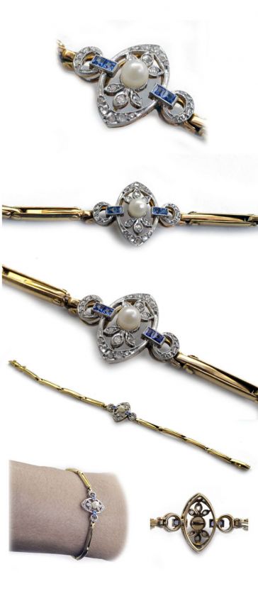 PEARL DIAMOND SAPPHIRE EDWARDIAN BRACELET PLATINUM GOLD  