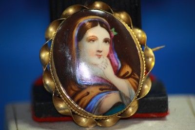 Antique Portrait Porcelain Sterling Brooch & Earrings