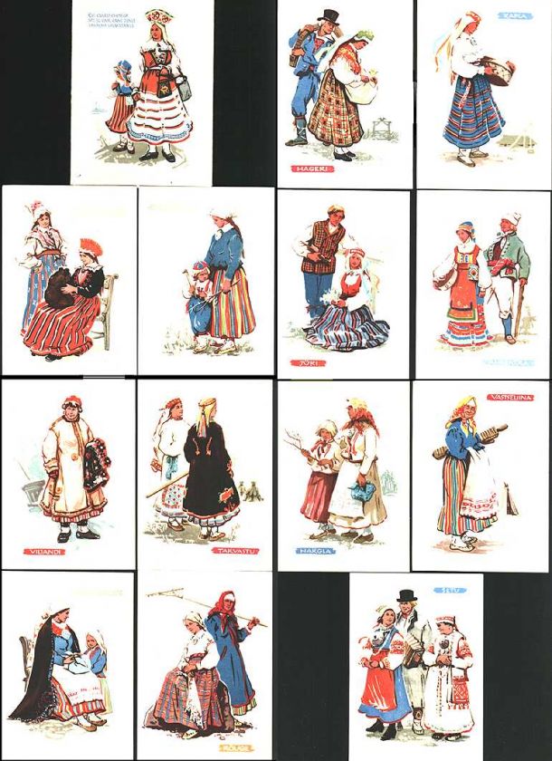 ESTONIAN FOLK COSTUMES, complete 13 postcard set, 1960  