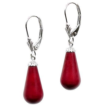 16mm Red Coral Teardrop Leverback Earrings, 925 Silver  