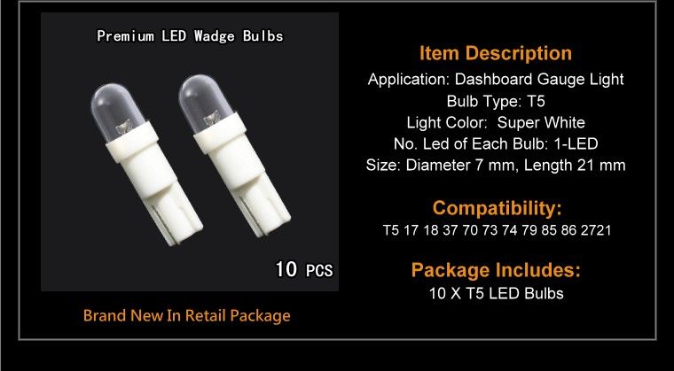 10 X White Led Dashboard Gauge Light Bulbs T5 70 73 74  