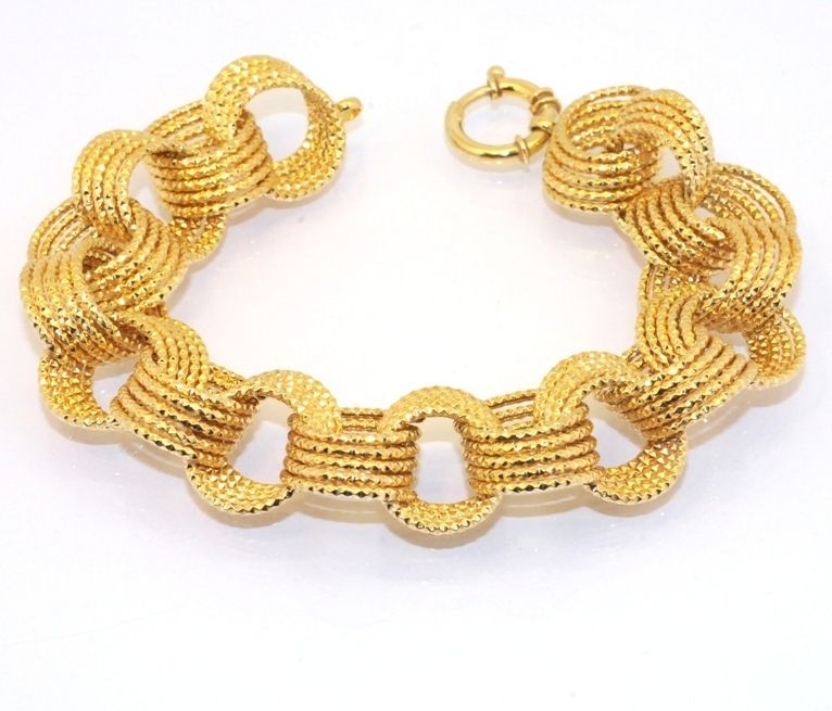 Technibond Bold Diamond Cut Link Bracelet 14K Yellow Gold Clad Silver 