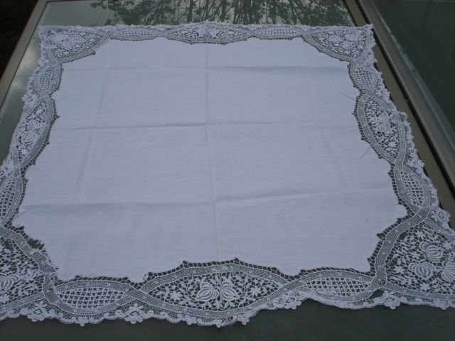 Delicate Victorian Lace Edged Linen Tablecloth  