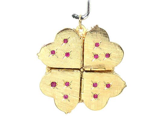 GORGEOUS 14K YELLOW GOLD & RUBIES FOUR LEAF CLOVER LOCKET PENDANT