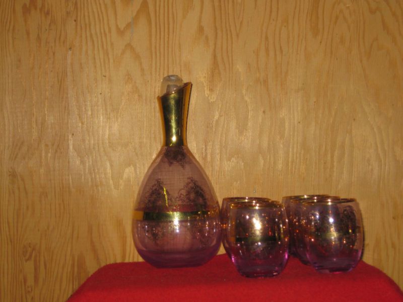 Blue/Purple Glass Decanter with 6 glasses, gold trim  