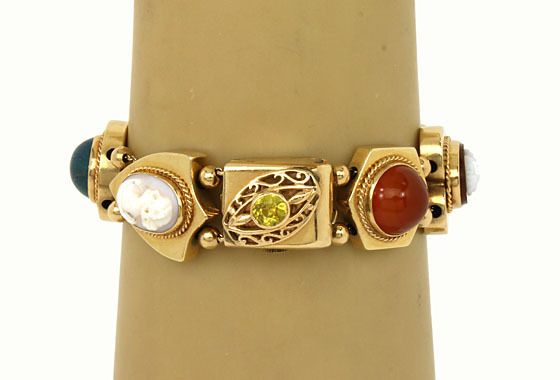   14K GOLD & GEMS LADIES SLIDE CHARM BRACELET WITH 8 CHARMS  