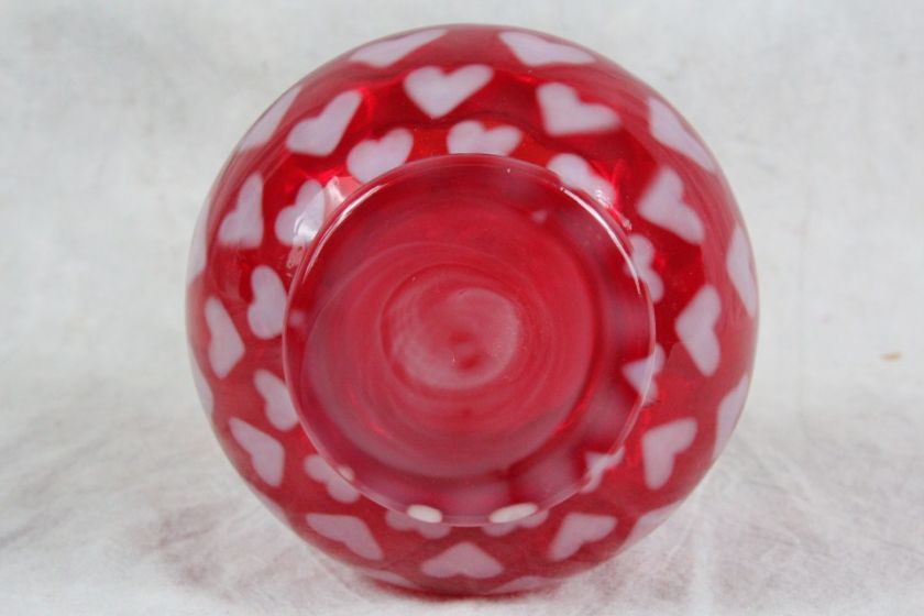   FENTON 7.75 INCH RUFFLED RIM OPALESCENT CRANBERRY HEART OPTIC BASKET