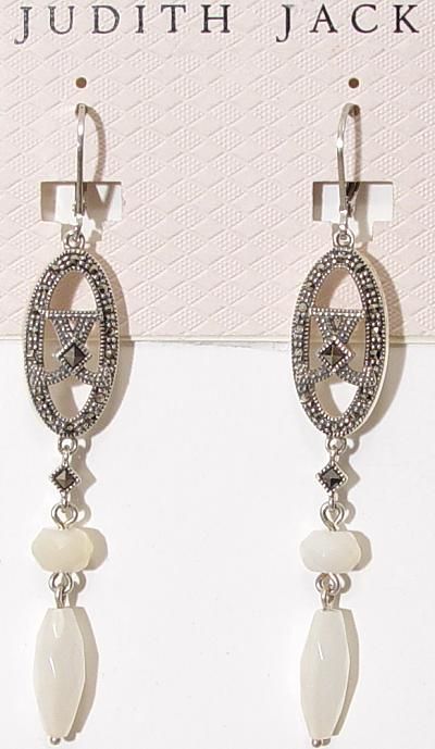 NEW JUDITH JACK Silver Marcasite Ovl MOP Drop Earrings  