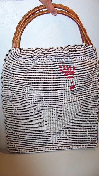 Vintage Rooster Purse Rag Rug LARGE DIY Bamboo Handle  