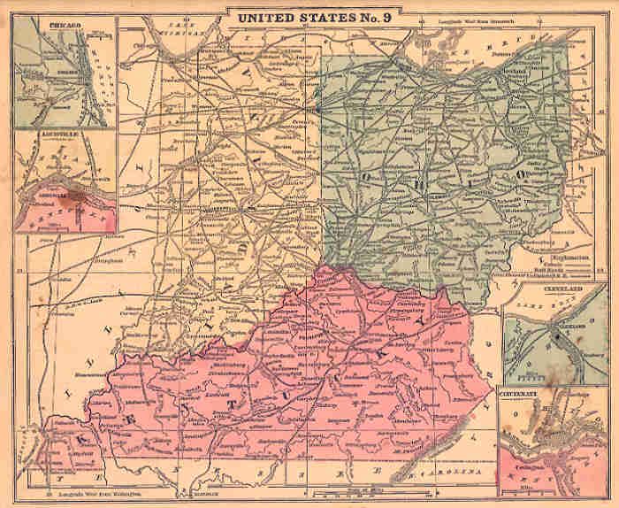 USA Cornell #9. Ohio.Kentucky.Indiana.Antique Map.1866  