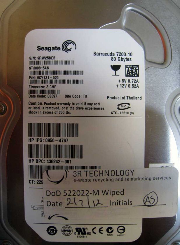 Lot of 5 80 GB Seagate 7200 Barracuda Hard Drives. SataST380815AS 