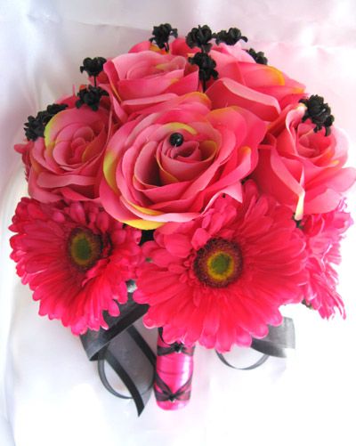   Wedding Bouquet Bridal Silk flowers PINK FUCHSIA BLACK DAISY bouquets