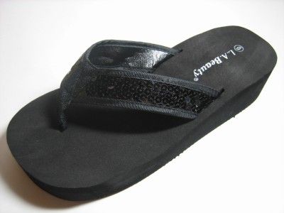 Black Women Platform Flip Flops Thongs Wedge 1.75 Heel  